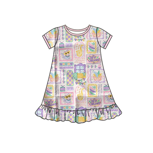 MOQ 5 Preorder GSD2901 Mardi Gras Mask Kitten Window Pink Purple Short Sleeve Dresses for Girls 202510