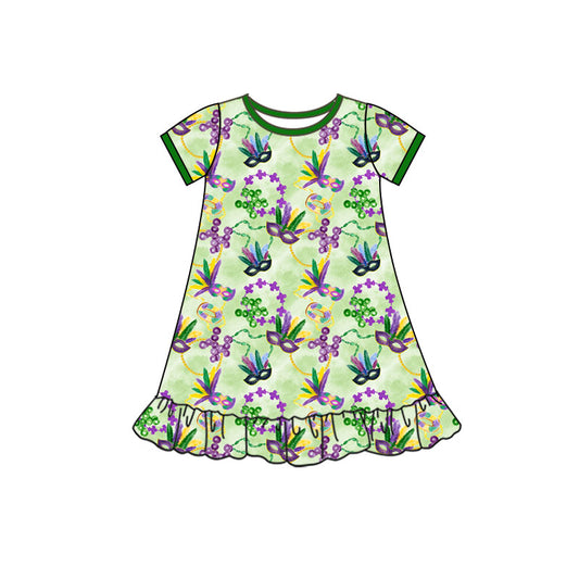 MOQ 5 Preorder GSD2902 Mardi Gras Feather Mask Green Short Sleeve Dresses for Girls 202510