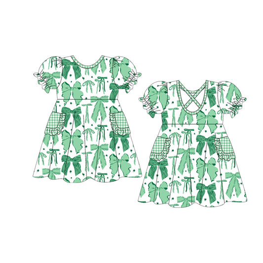 MOQ 5 Preorder GSD2903 Clover Bow Pattern Green Plaid Pocket Short Sleeve Dresses for Girls 202510