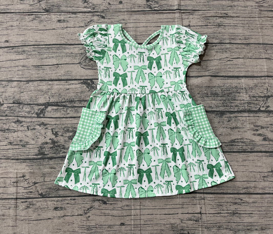 NO MOQ Preorder GSD2903 St. Patrick's Day Clover Bow Pattern Green Plaid Pocket Short Sleeve Dresses for Girls 202511