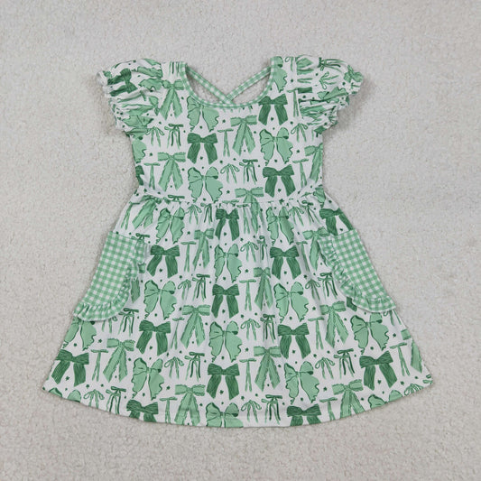 GSD2903 St. Patrick's Day Clover Bow Pattern Green Plaid Pocket Short Sleeve Dresses for Girls 202512 RTS