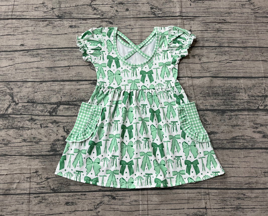 NO MOQ Preorder GSD2903 St. Patrick's Day Clover Bow Pattern Green Plaid Pocket Short Sleeve Dresses for Girls 202511