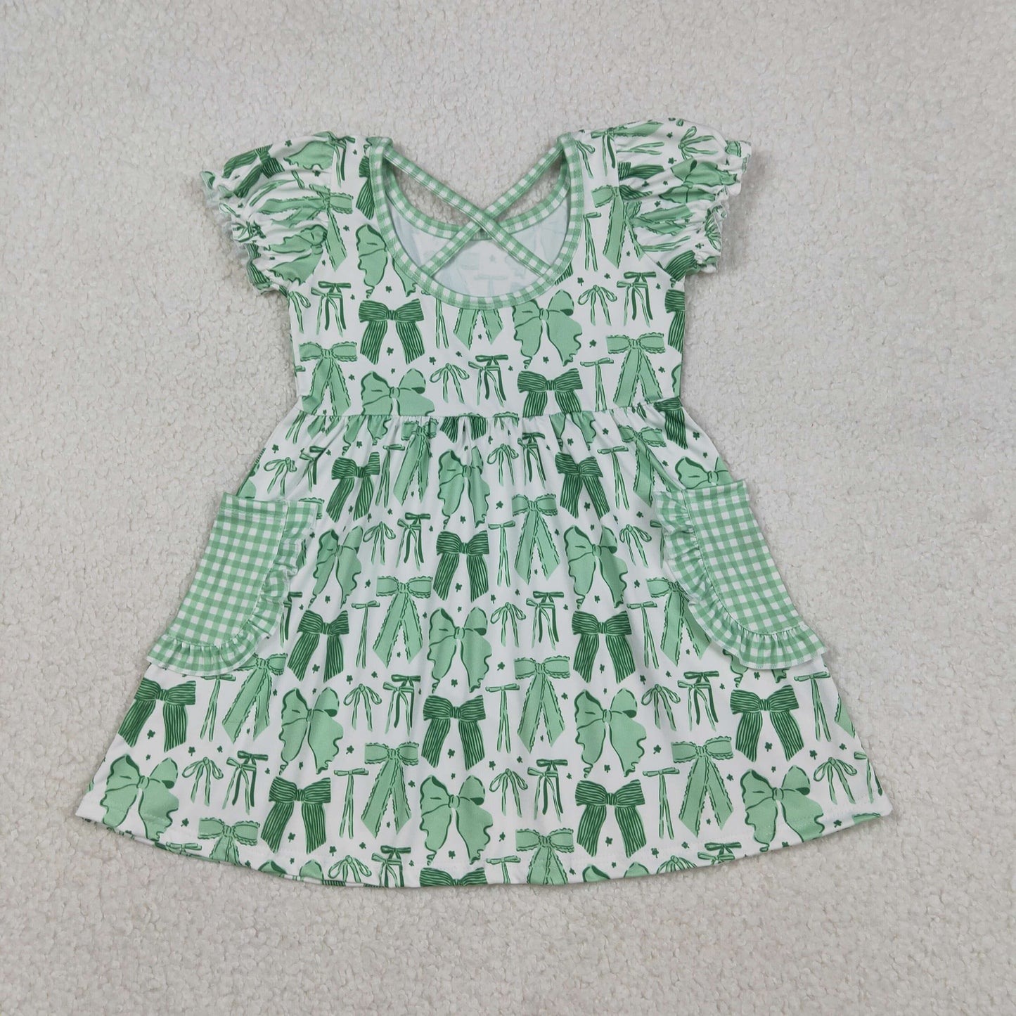 GSD2903 St. Patrick's Day Clover Bow Pattern Green Plaid Pocket Short Sleeve Dresses for Girls 202512 RTS