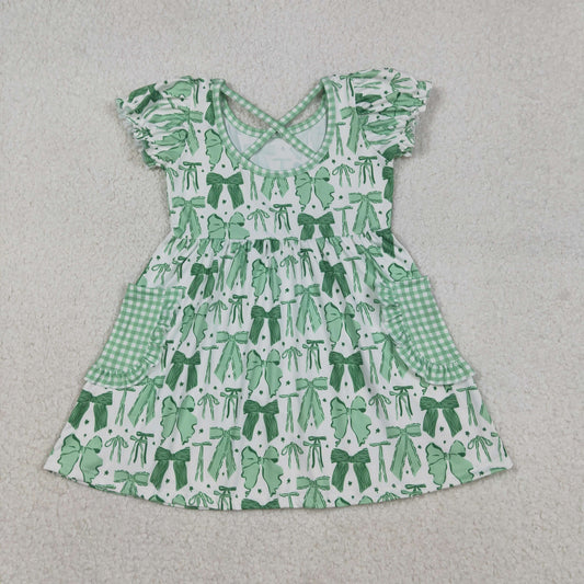 GSD2903 St. Patrick's Day Clover Bow Pattern Green Plaid Pocket Short Sleeve Dresses for Girls 202512 RTS