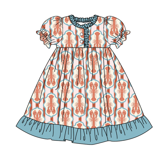 MOQ 5 Preorder GSD2907 Mardi Gras Crayfish Blue Green Ruffle Short Sleeve Dresses for Girls 202510