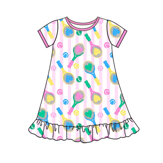 MOQ 5 Preorder GSD2909 Vertical Striped Heart-Shaped Tennis Racket Short Sleeve Dresses for Girls 202510