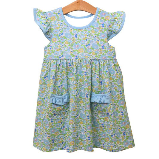 MOQ 5 Preorder GSD2910 Floral Blue Ruffle Pocket Flying Sleeve Dresses for Girls 202510
