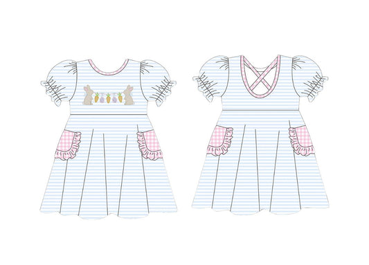 MOQ 5 Preorder GSD2912 Easter Bunny Carrot Blue Stripe Pink Plaid Ruffle Pocket Short Sleeve Dresses for Girls 202510