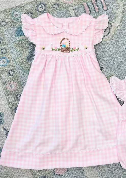 MOQ 5 Preorder GSD2913 Easter Bunny Eggs Pink Plaid Doll Collar Flying Sleeve Dresses for Girls 202510