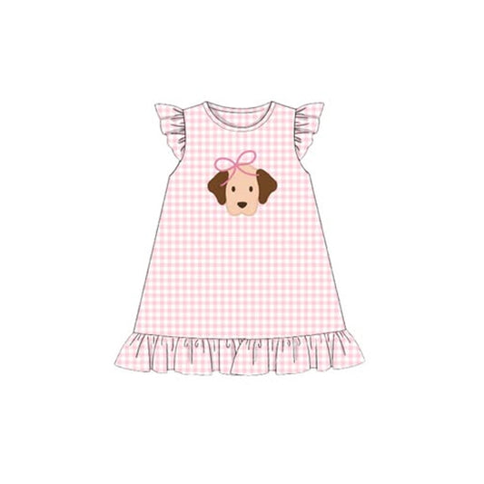 MOQ 5 Preorder GSD2914 Cute Puppy Pink Plaid Ruffle Flying Sleeve Dresses for Girls 202510