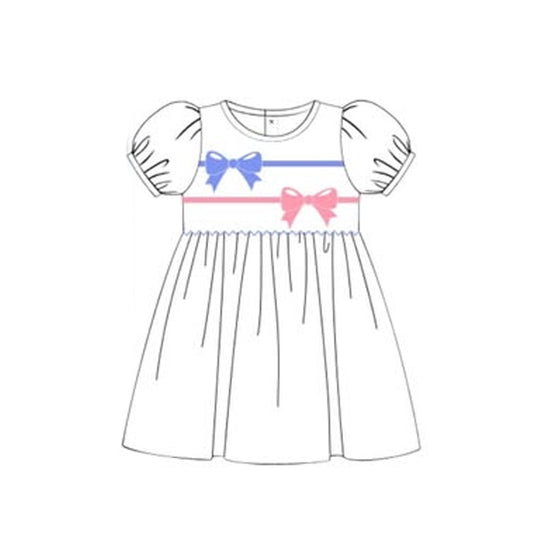 MOQ 5 Preorder GSD2915 Pink Blue Bows White Puff Short Sleeve Dresses for Girls 202510