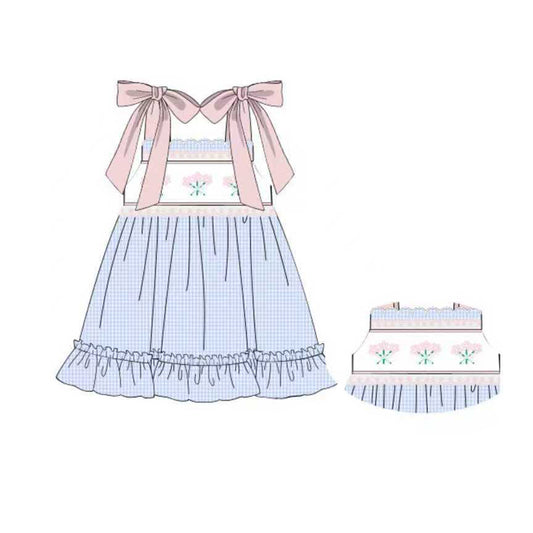 MOQ 5 Preorder GSD2916 Flower Blue Plaid Pink Halter Sleeve Dresses for Girls 202510