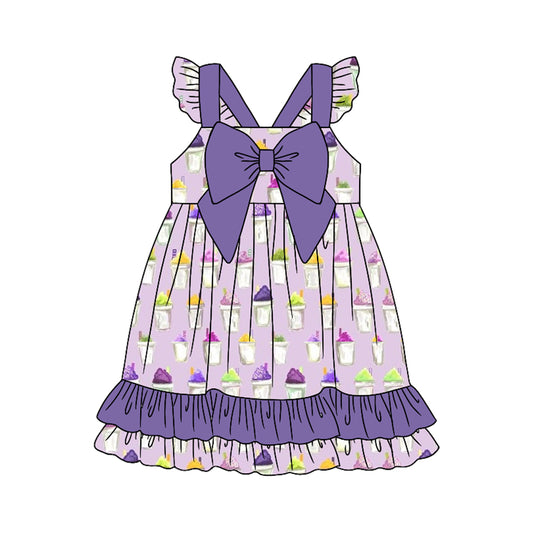 MOQ 5 Preorder GSD2930 Ice Cream Pattern Big Bow Purple Ruffle Flying Sleeve Dresses for Girls 202510