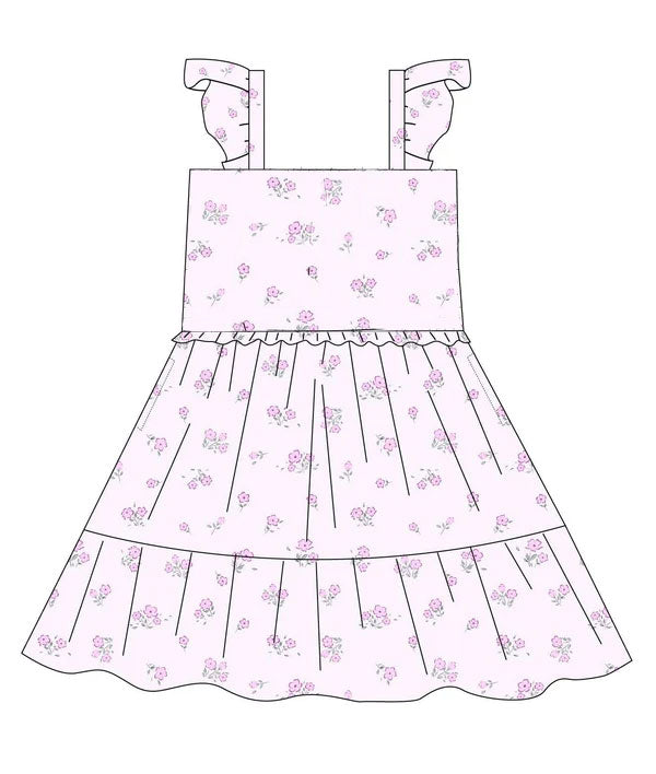 MOQ 5 Preorder GSD2931 Flower Pink Purple Ruffle Flying Sleeve Dresses for Girls 202510