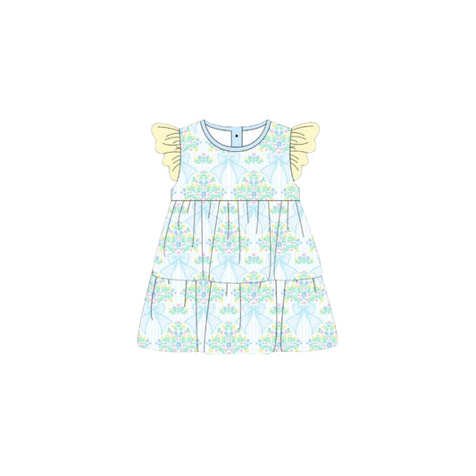 MOQ 5 Preorder GSD2932 Flower Bows Yellow Flying Sleeve Blue Green Dresses for Girls 202510