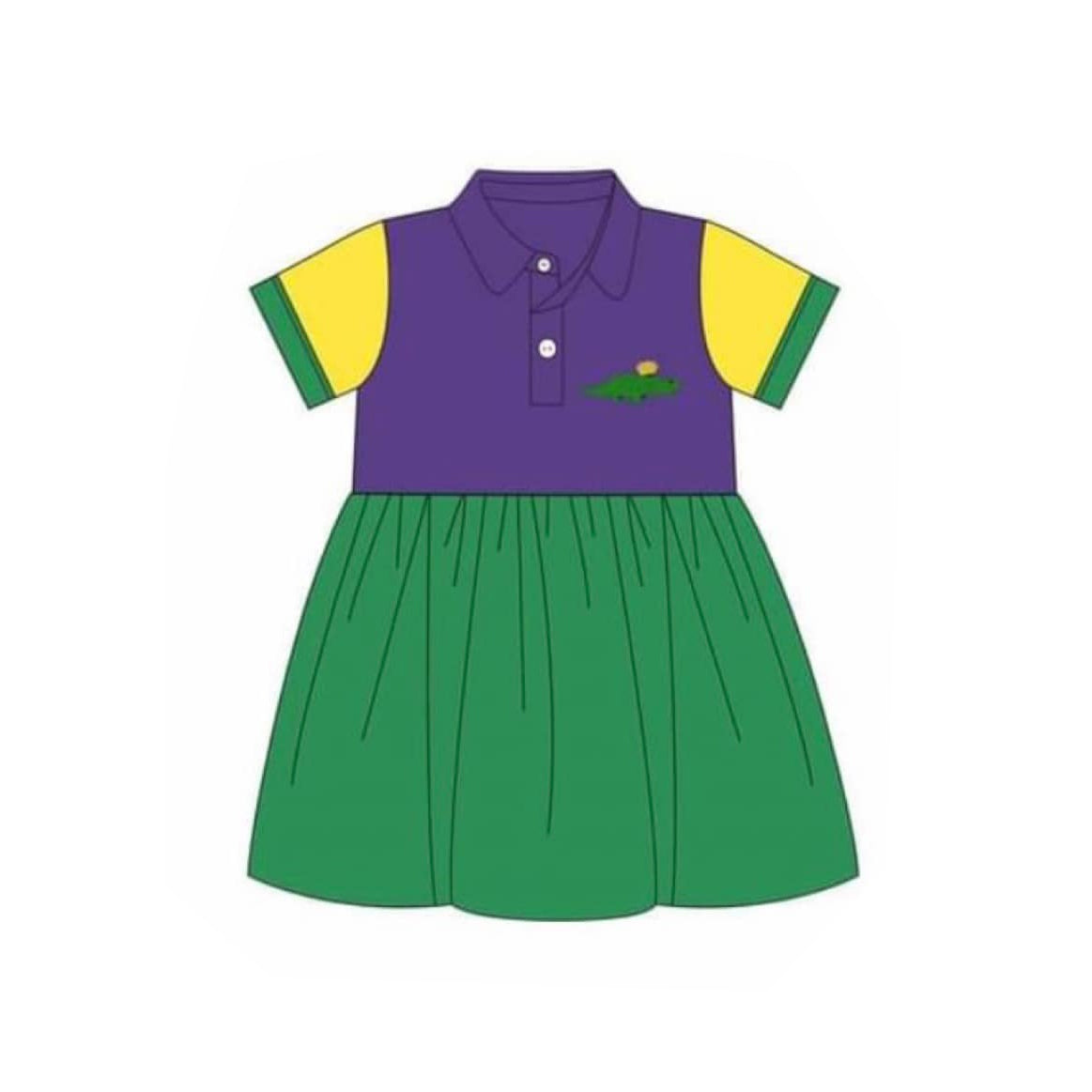 MOQ 5 Preorder GSD2935 Mardi Gras Crocodile Buttons Polo Short Sleeve Dresses for Girls 202510
