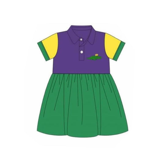 MOQ 5 Preorder GSD2935 Mardi Gras Crocodile Buttons Polo Short Sleeve Dresses for Girls 202510
