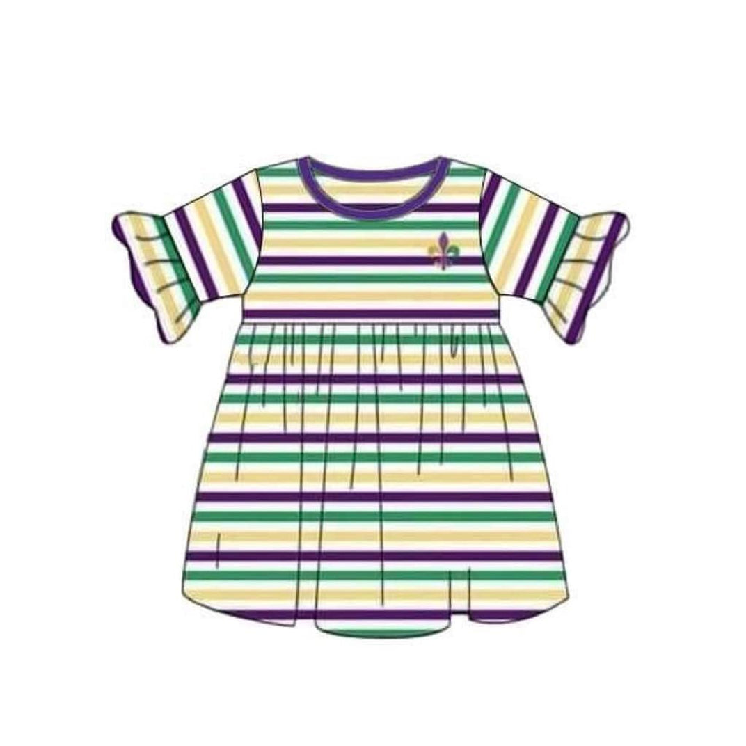 MOQ 5 Preorder GSD2936 Mardi Gras Purple Stripe Flare Short Sleeve Dresses for Girls 202510