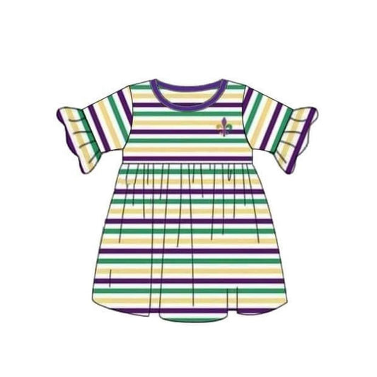 MOQ 5 Preorder GSD2936 Mardi Gras Purple Stripe Flare Short Sleeve Dresses for Girls 202510