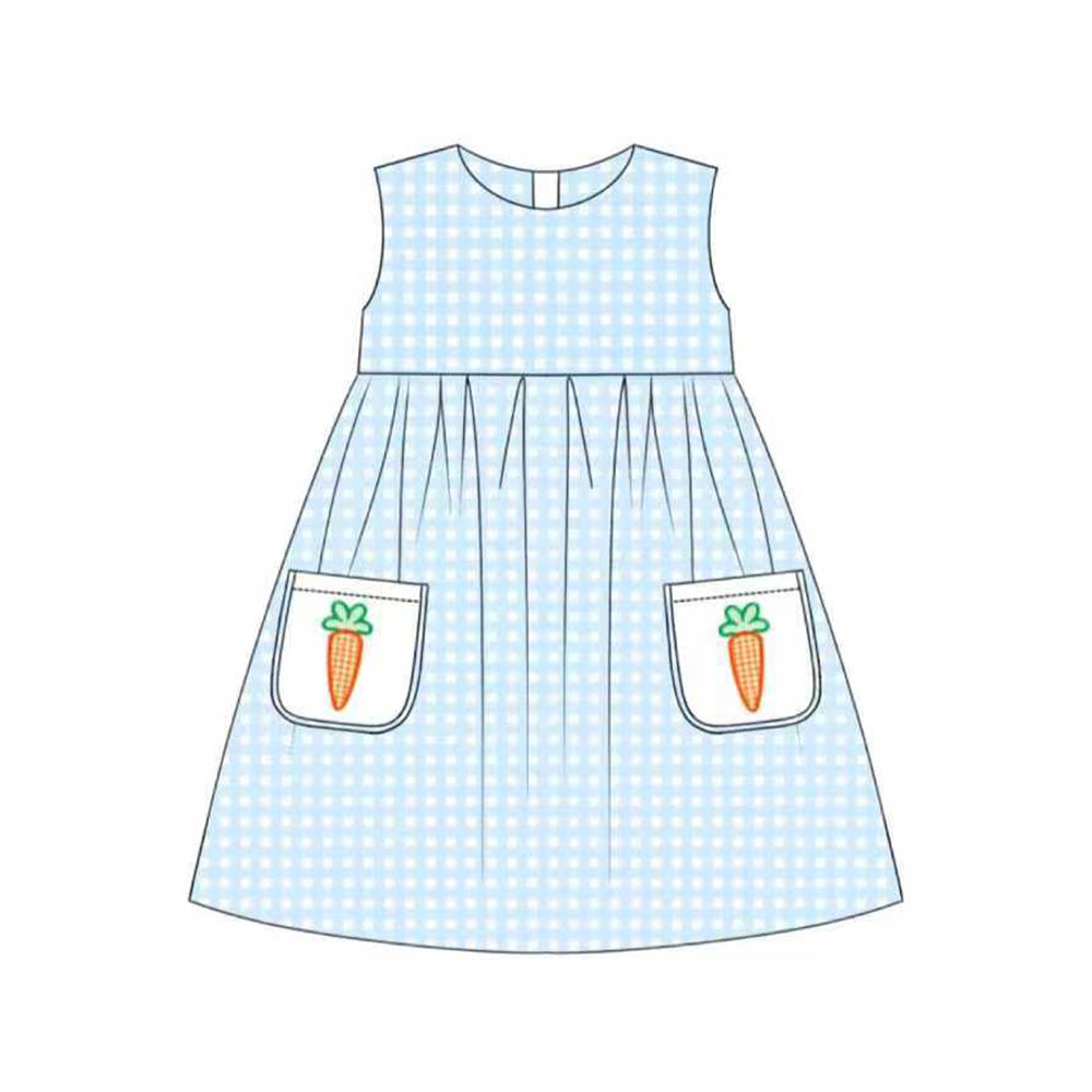 MOQ 5 Preorder GSD2941 Easter Carrots Pocket Blue Dots Sleeveless Dresses for Girls 202510