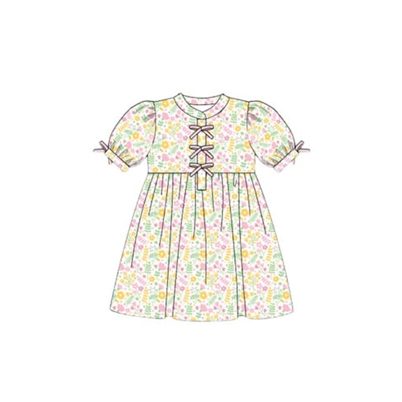 MOQ 5 Preorder GSD2943 Pink Yellow Floral Green Leaf Short Sleeve Dresses for Girls 202510