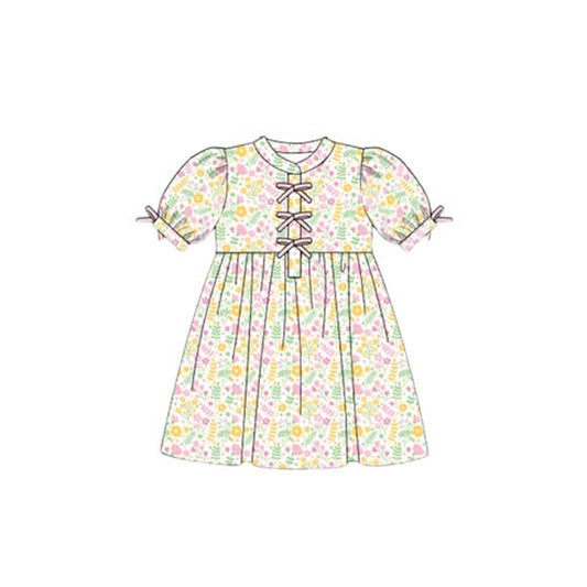 MOQ 5 Preorder GSD2943 Pink Yellow Floral Green Leaf Short Sleeve Dresses for Girls 202510