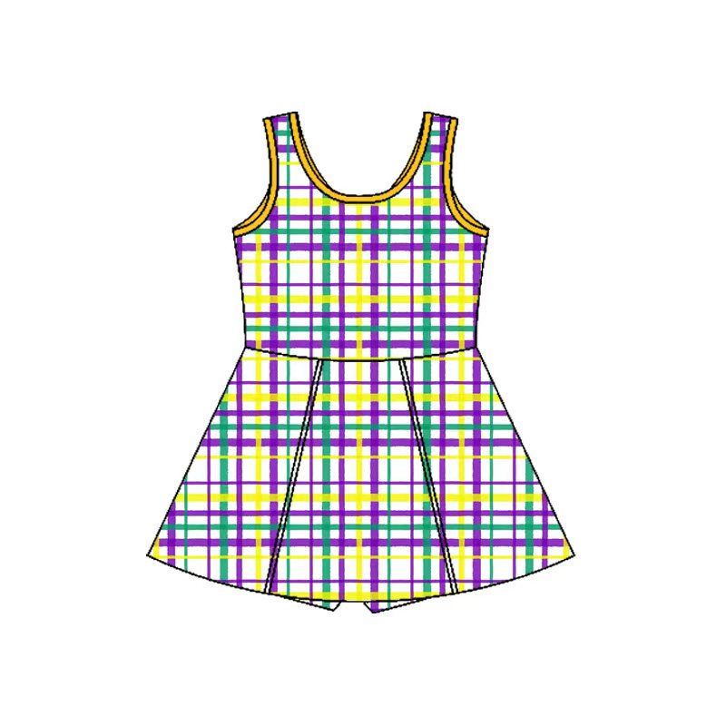 MOQ 5 preorder GSD2945 Mardi Gras Colored Stripe Plaid Yoga Sleeveless Dresses for Girls 202510
