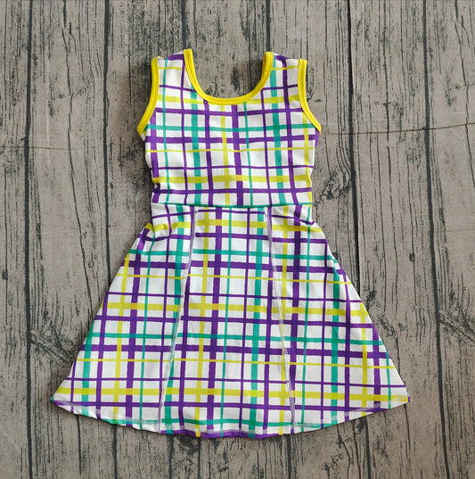 NO MOQ preorder GSD2945 Mardi Gras Colored Stripe Plaid Yoga Sleeveless Dresses for Girls 202511