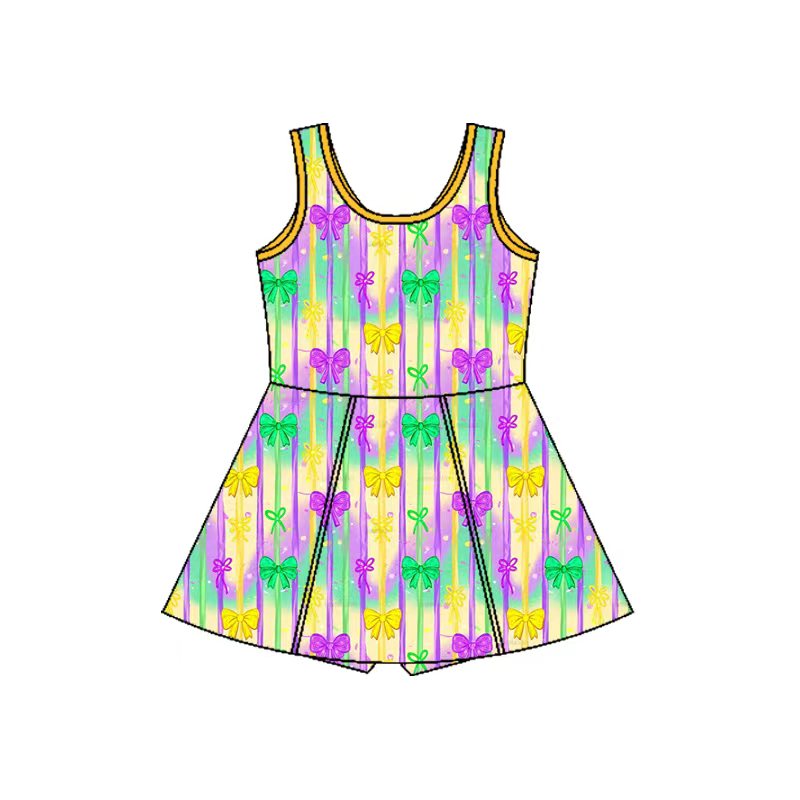 MOQ 5 preorder GSD2948 Mardi Gras Colored Bows Stripe Yoga Sleeveless Dresses for Girls 202510