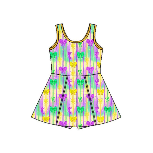 MOQ 5 preorder GSD2948 Mardi Gras Colored Bows Stripe Yoga Sleeveless Dresses for Girls 202510