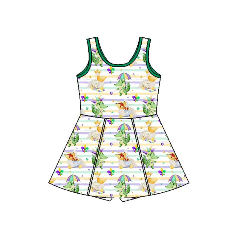 MOQ 5 preorder GSD2950 Mardi Gras Crocodile Colored Stripe Yoga Sleeveless Dresses for Girls 202510
