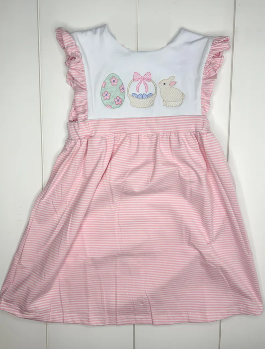 MOQ 5 Preorder GSD2957  Easter Bunny Pink Stripe Ruffle Sleeveless Dresses for Girls 202510