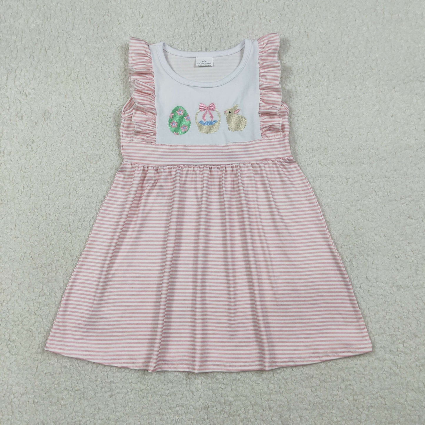 GSD2957 Embroidered Easter Bunny Pink Stripe Ruffle Sleeveless Dresses for Girls 202601 RTS