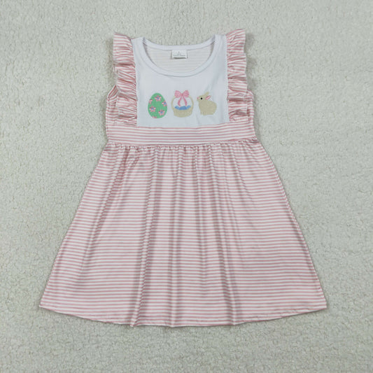 GSD2957 Embroidered Easter Bunny Pink Stripe Ruffle Sleeveless Dresses for Girls 202601 RTS