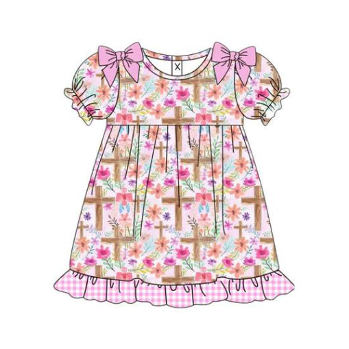 MOQ 5 Preorder GSD2959 Easter Cross Flower Bows Pink Plaid Ruffle Short Sleeve Dresses for Girls 202510
