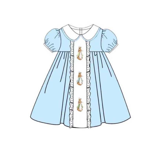 MOQ 5 Preorder GSD2961 Easter Bunny Doll Collar Blue Short Sleeve Dresses for Girls 202510