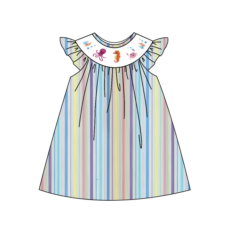 MOQ 5 Preorder GSD2962 Octopus Seahorse Crab Colored Stripe Flying Sleeve Dresses for Girls 202510