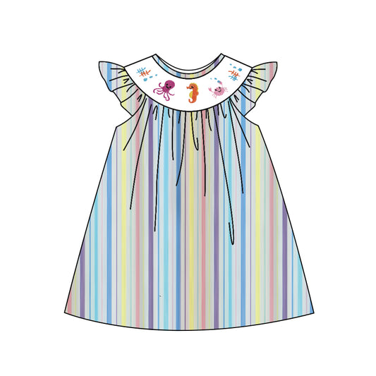 MOQ 5 Preorder GSD2962 Octopus Seahorse Crab Colored Stripe Flying Sleeve Dresses for Girls 202510