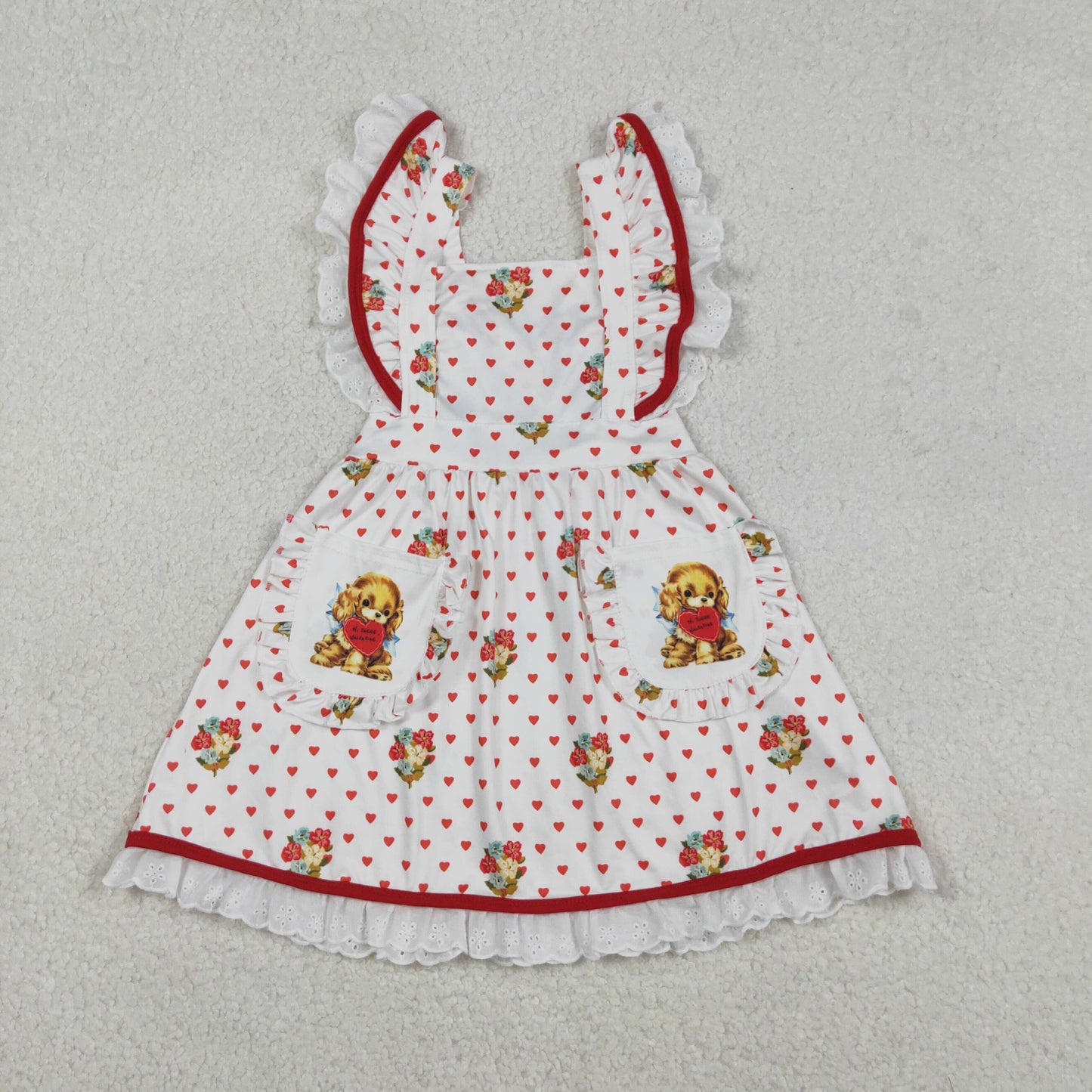 GSD2963 Valentine's Day Love Puppy Lace Ruffle Pocket Flying Sleeve Dresses for Girls 202512 RTS