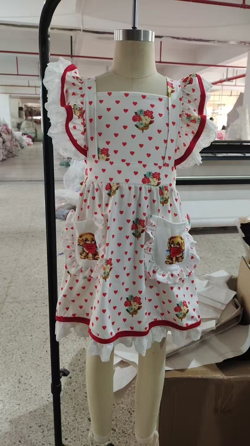 GSD2963 Valentine's Day Love Puppy Lace Ruffle Pocket Flying Sleeve Dresses for Girls 202512 RTS