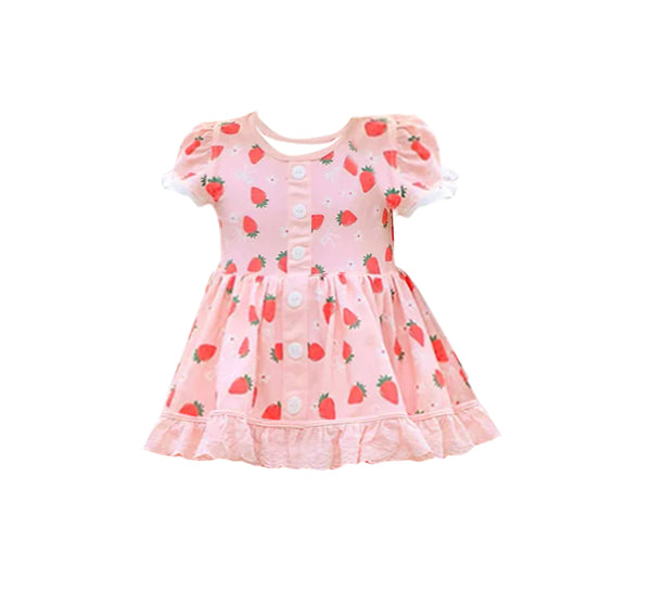 MOQ 5 Preorder GSD2964 Floral Strawberry Lace Ruffle Pink Short Sleeve Dresses for Girls 202510