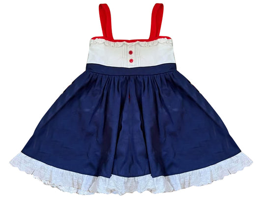 MOQ 5 Preorder GSD2967 4th of July Lace Ruffle Red White Blue Sleeveless Dresses for Girls 202510
