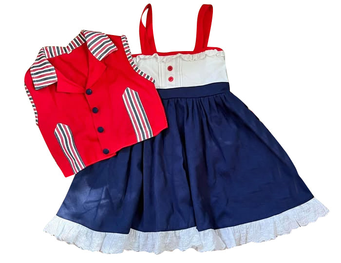 MOQ 5 Preorder GSD2968 4th of July Striped Collar Button Red Vest & Lace Ruffle Red White Blue Sleeveless Dresses for Girls Sets 202510
