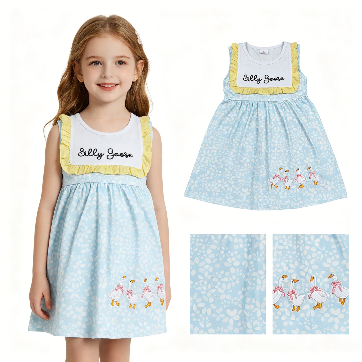 GSD2970 Embroidered Silly Goose Floral Yellow Ruffle Sleeveless Dresses for Girls 202605 RTS