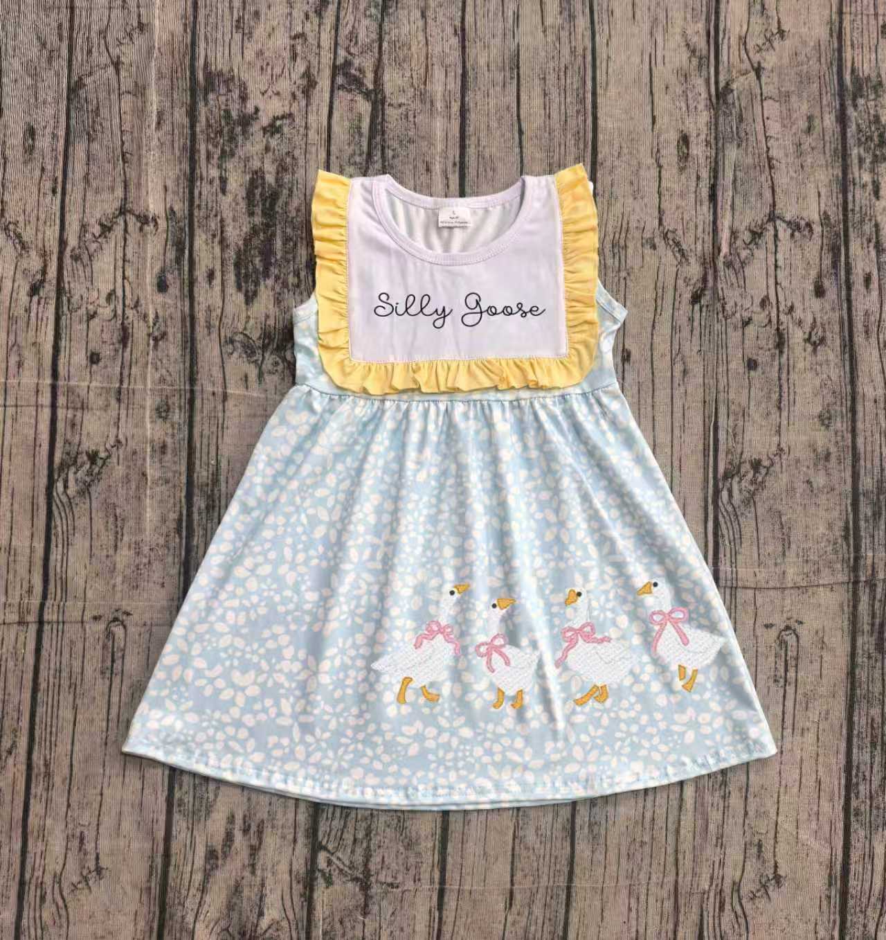 NO MOQ Preorder GSD2970 Embroidered Silly Goose Floral Yellow Ruffle Sleeveless Dresses for Girls 202604