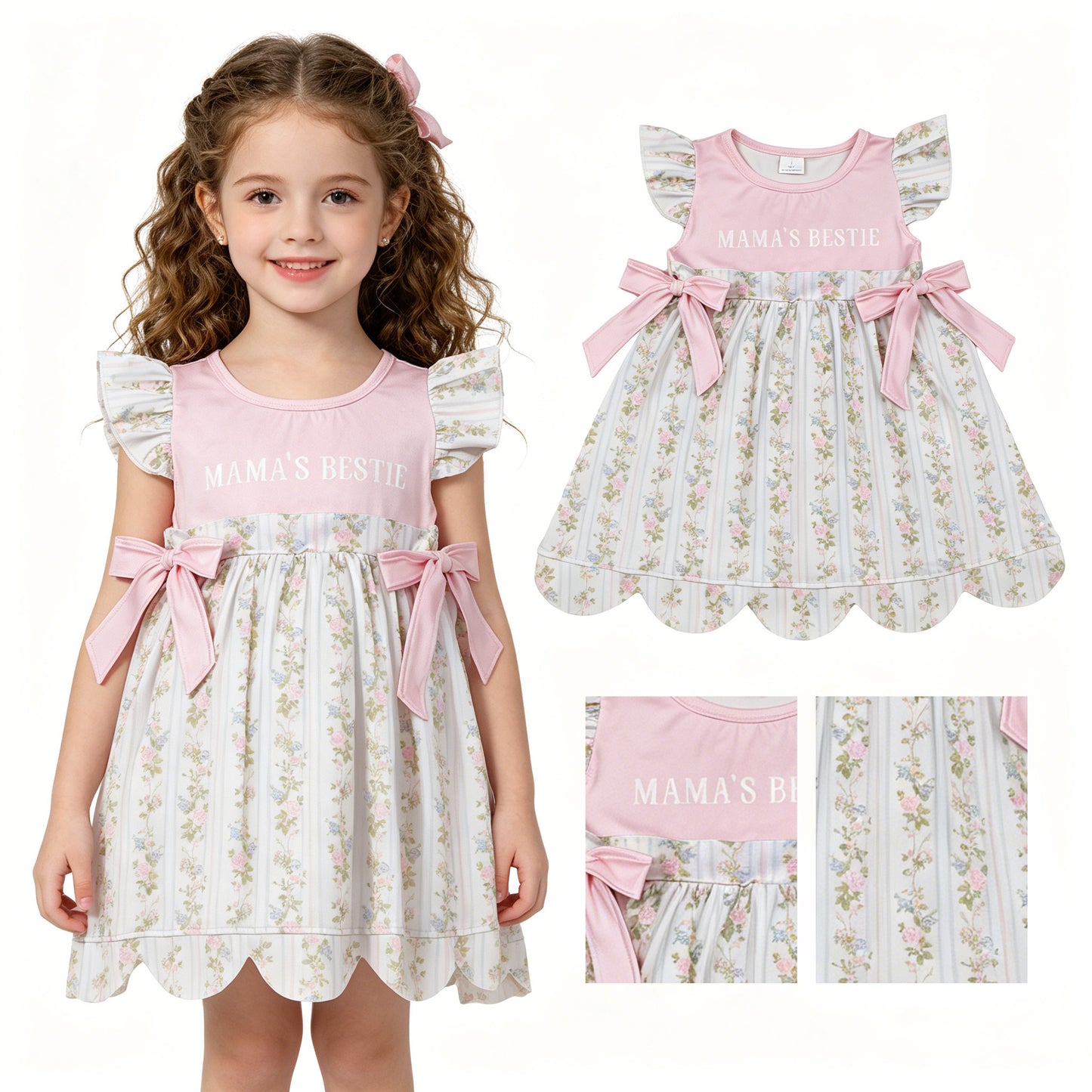 GSD2973 Mama's Bestie Floral Striped Pink Bow Flying Sleeve Dresses for Girls 202605 RTS