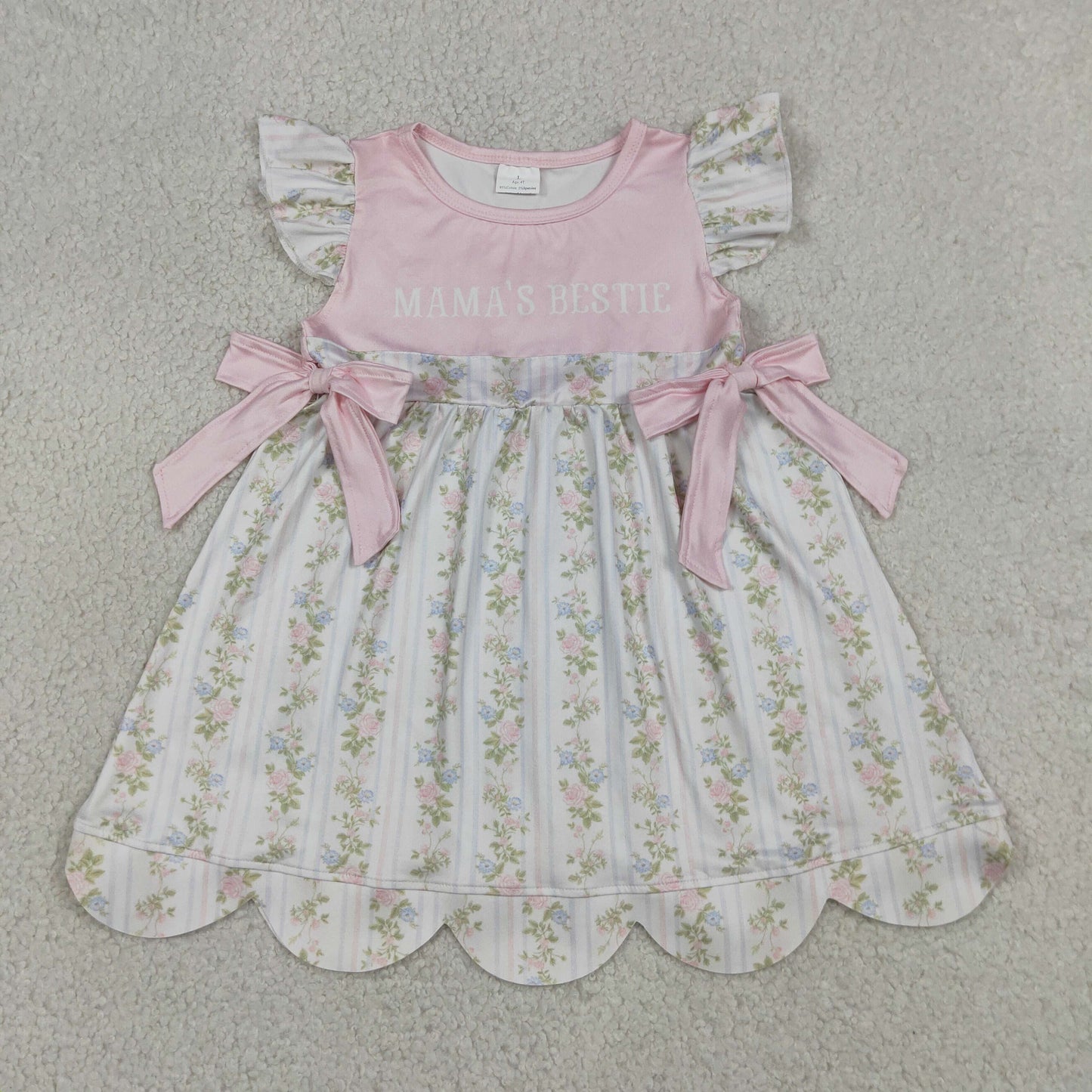 GSD2973 Mama's Bestie Floral Striped Pink Bow Flying Sleeve Dresses for Girls 202605 RTS
