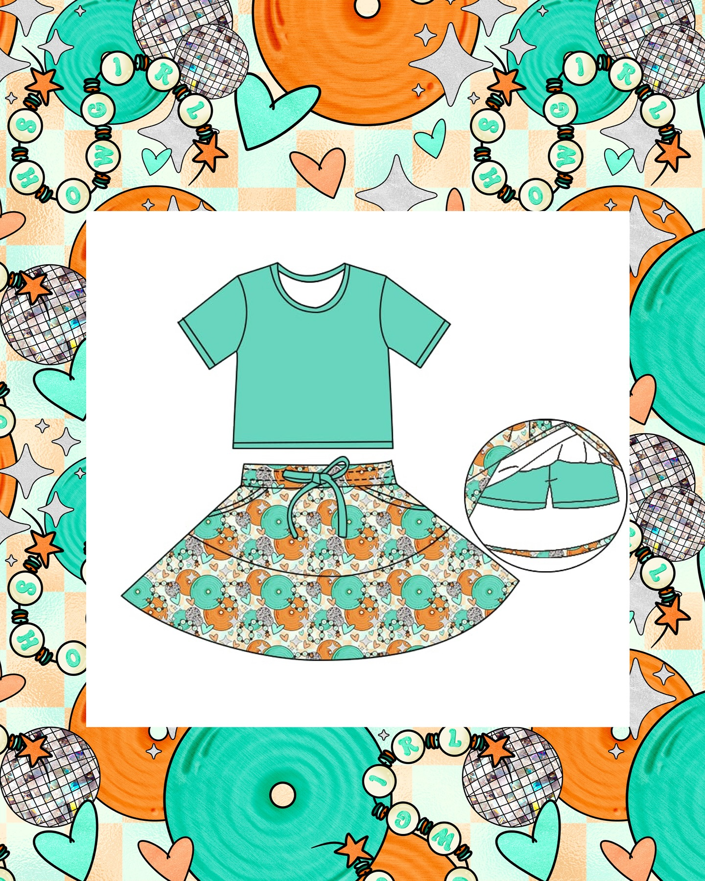 MOQ 5 Preorder GSD2974 Showgirl Disco Heart Solid Blue-Green Short-Sleeved Skirt for Girls Sets 202510