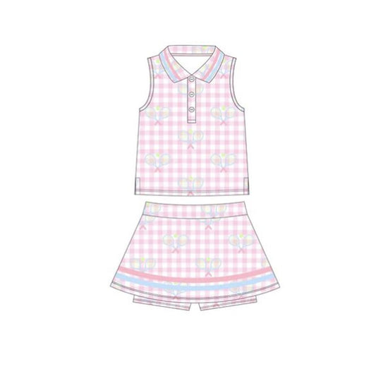 MOQ 5 preorder GSD2975 Badminton Racket Pink Plaid Polo Sleeveless Skirts Girls Yoga Sets 202510