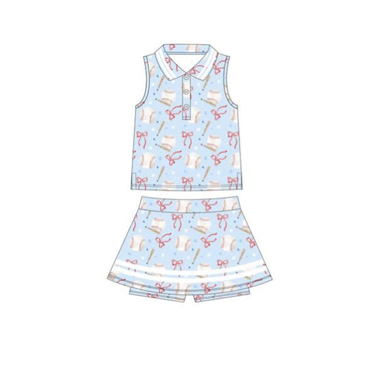 MOQ 5 preorder GSD2976 Baseball Bows Blue Polo Sleeveless Skirts Girls Yoga Sets 202510